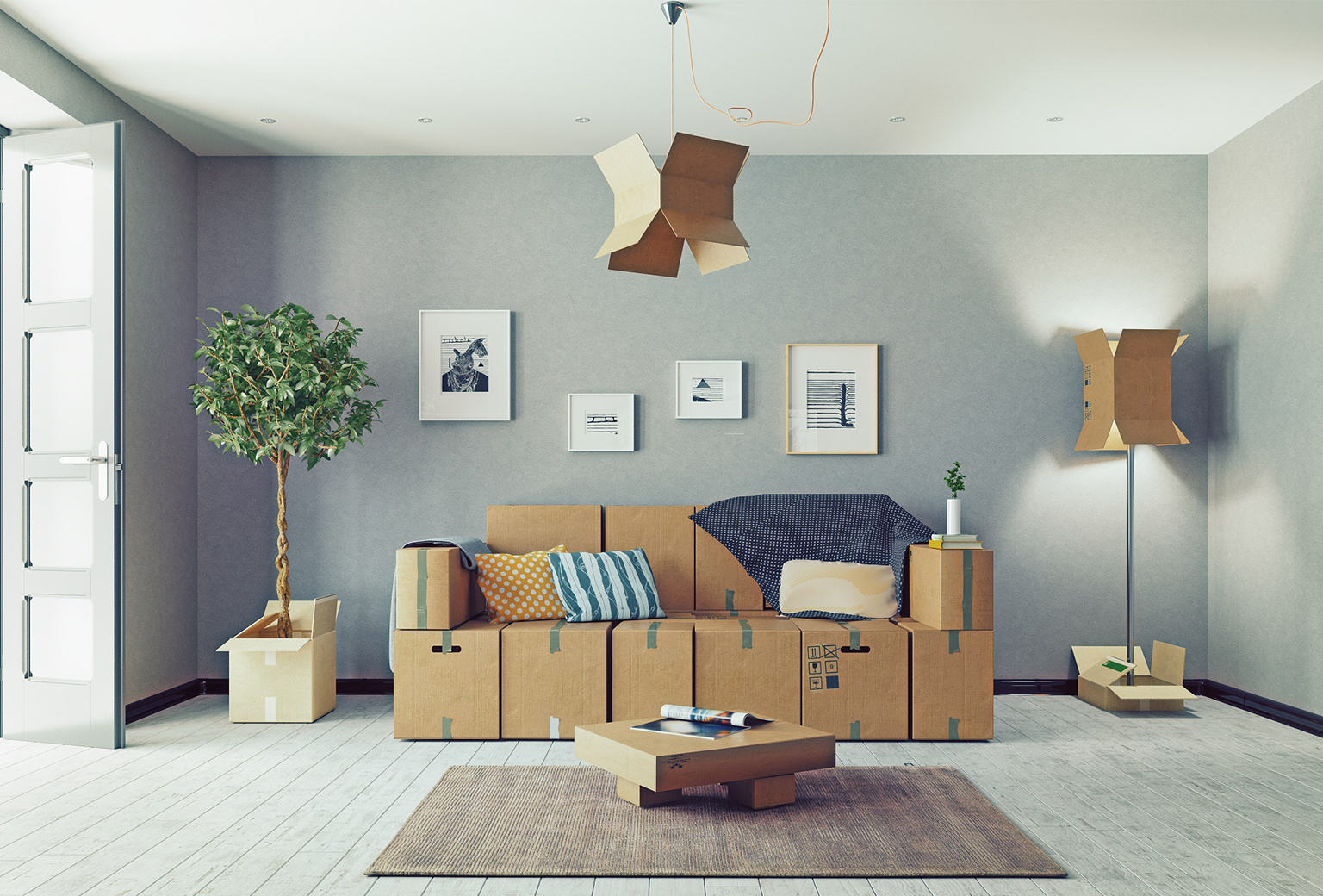 woonkamer vol met online bestellingen in dozen