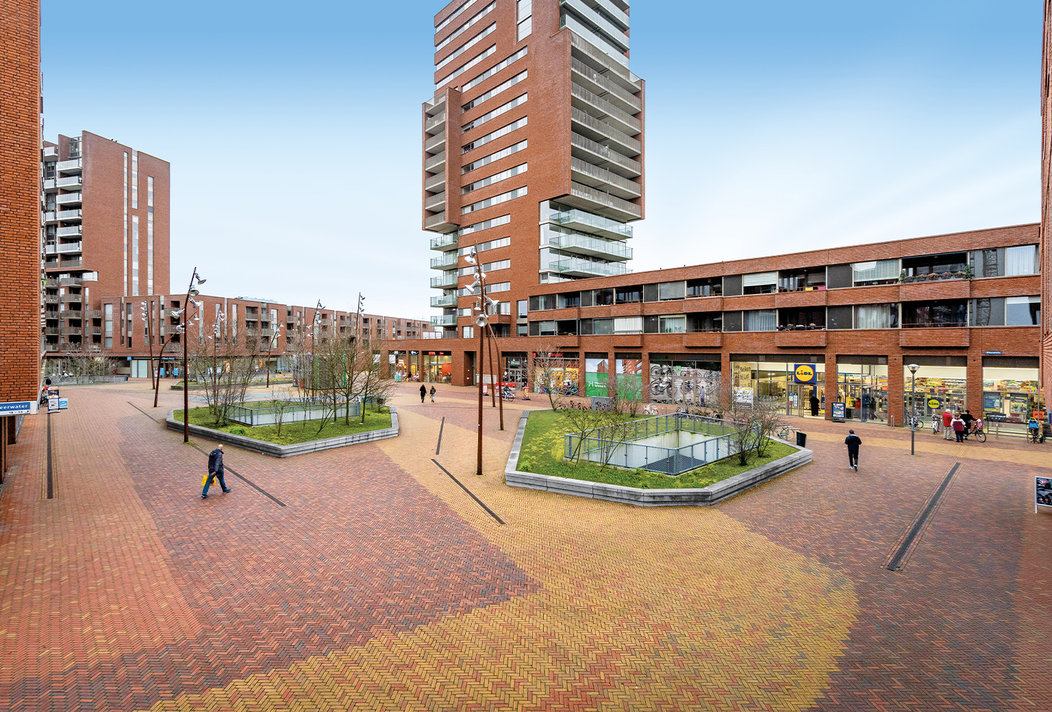 Shopping center with brown buildings